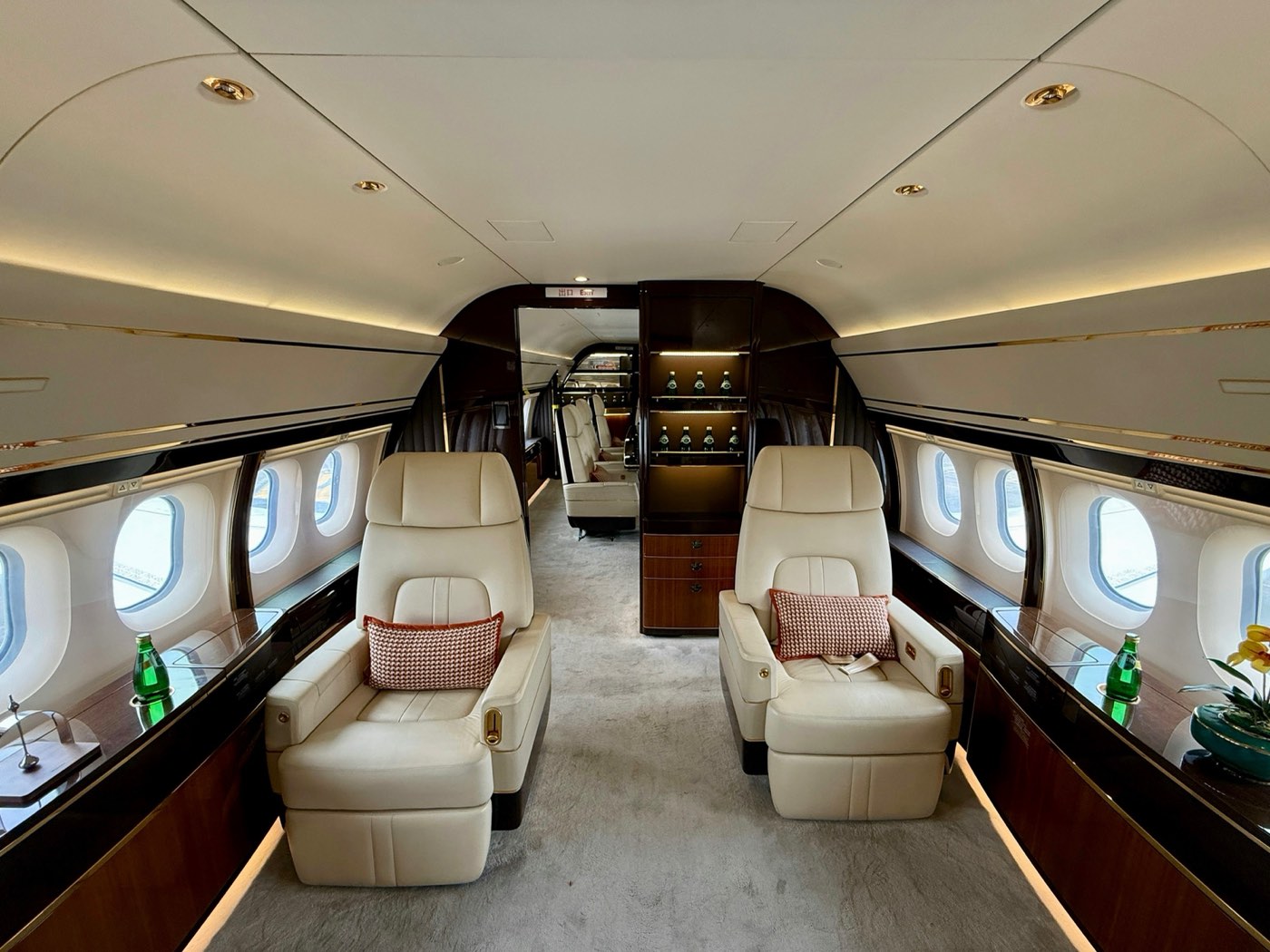The cabin of a business aircraft, with two cream leather seats facing forward.